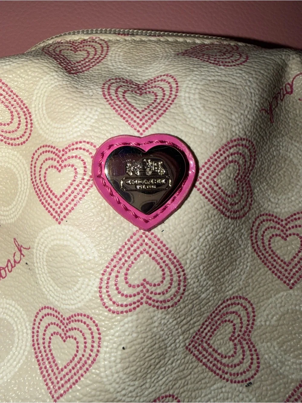 Coach White and Pink Waverly Hearts Small Cosmetic Pouch